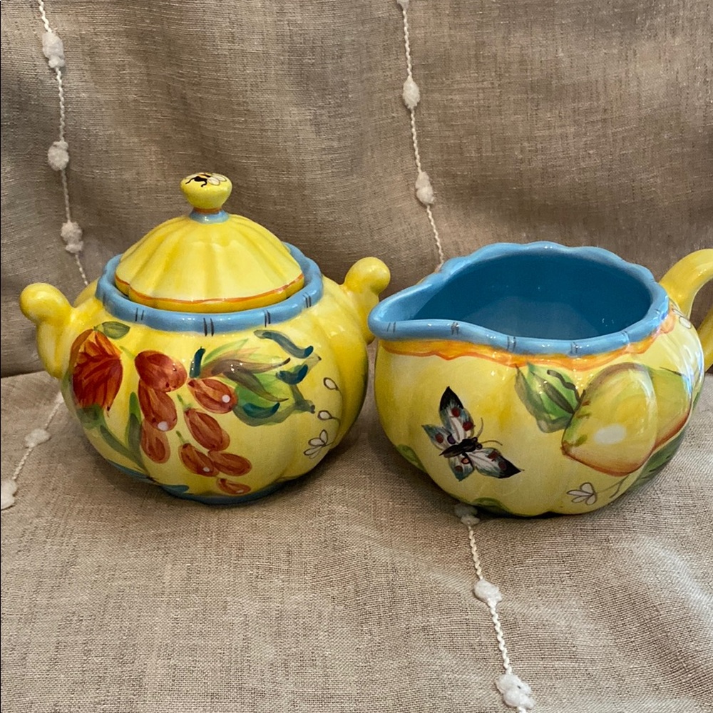 Provençal  fruit, floral butterfly & Bee Ceramic Cream & Sugar bowl hand painted
